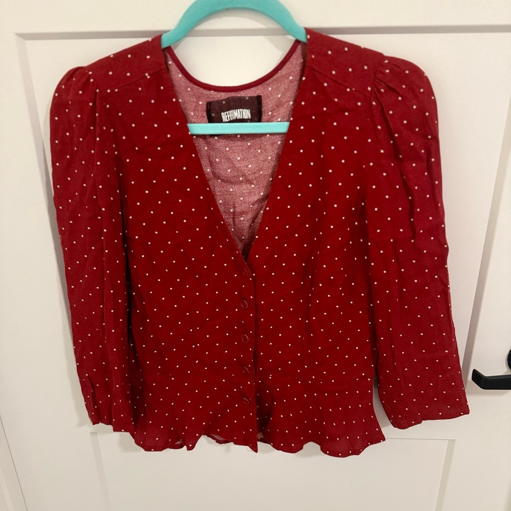 Reformation Burgundy Polka Dot Button Front Peplum Top Size 8 Viscose